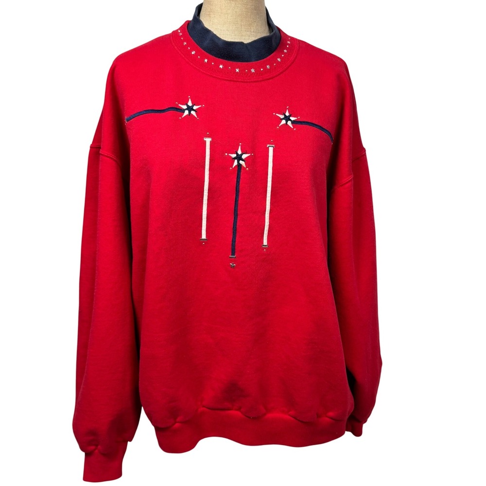 VTG SHIPSHE Red Sweatshirt Blue White Star Stripe Stud Women L Patriotic Novelty